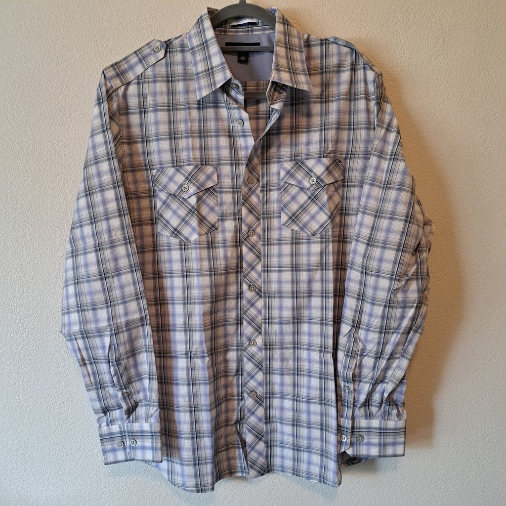 Banana Republic Mens Plaid Button Down Shirt Blue White‎ Epaulets Medium 15-15.5